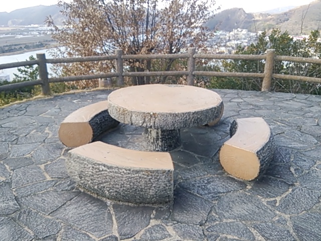 石のテーブルとベンチ、柵の向こうに笠岡の街並みが見える古城山公園の山頂テラス。
